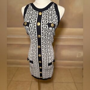 Black and White Geometric Dress with Gold Buttons